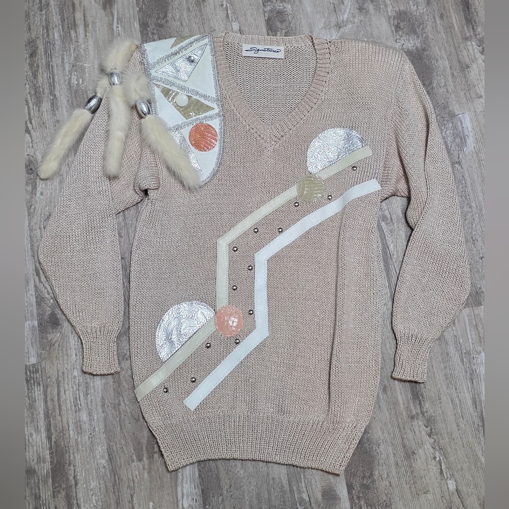 Vintage Signatures Embellished Knit Sweater Taupe V-Neck Geometric Fur Tassel